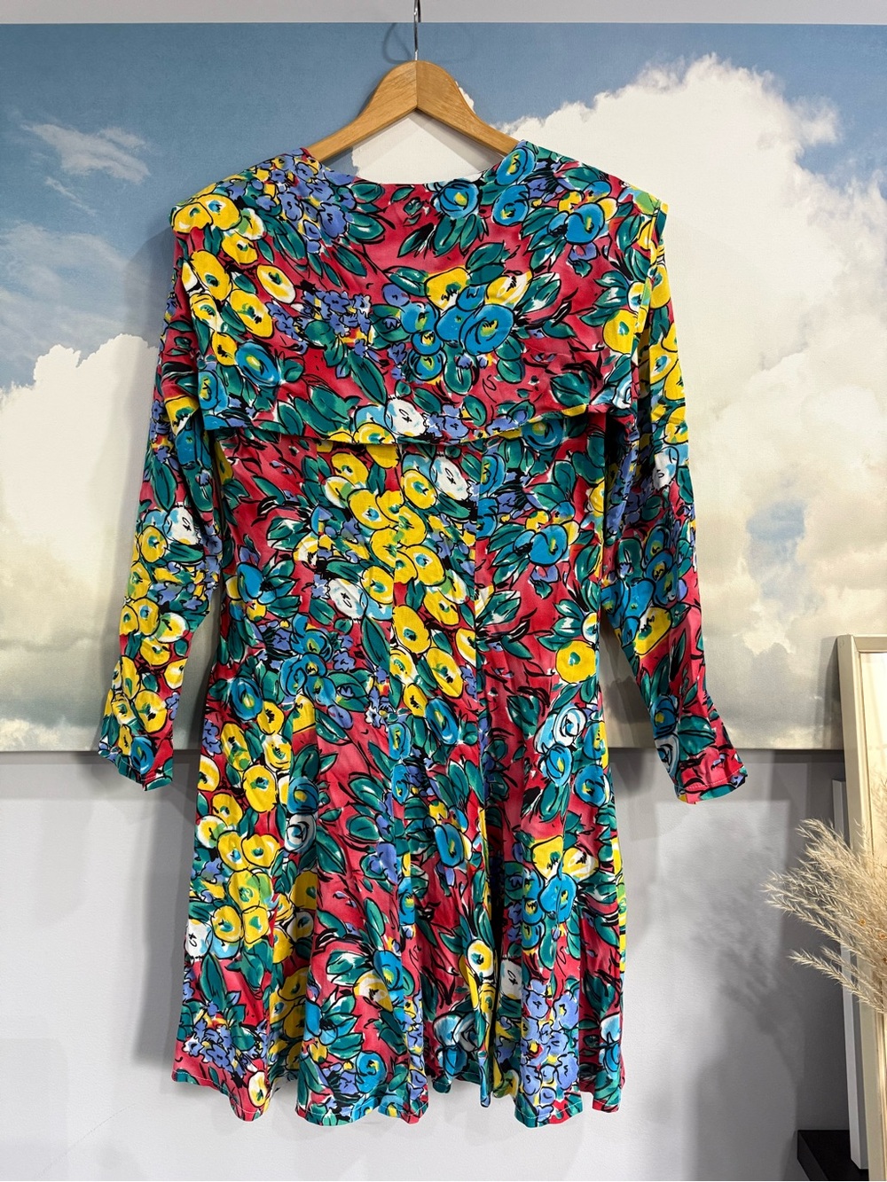 Vintage 80s/90s Mariposa Floral Rayon Mini Dress Square Sailor Collar M/13 - Picture 7 of 11